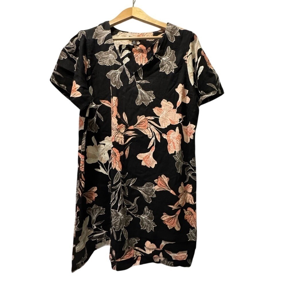 Nicole Miller Original Linen Dress Black Floral XL Office Shower Brunch Classy